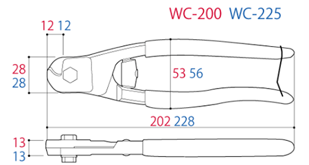 ツノダ ワイヤーロープカッター バネ付き (WC-200/WC-225)の寸法図