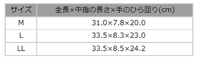 オカモト ビルパール厚手手袋 NO.002 (ポリ塩化ビニル製)の寸法表