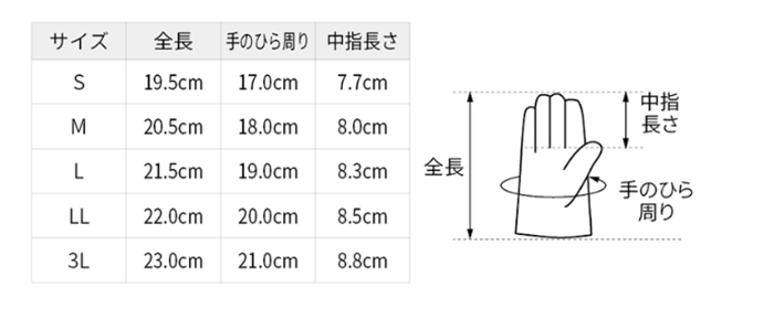 シモン 豚革手袋 PL-160 (甲部/ポリエステル)の寸法表