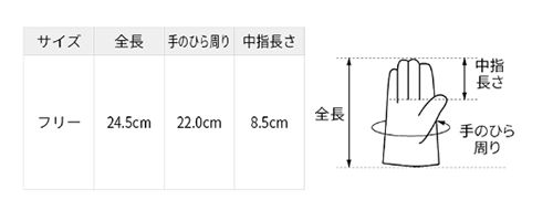 シモン 豚革手袋 PL-715 (袖付きタイプ)の寸法表