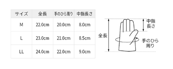 シモン 豚革手袋 PL-717 (袖口/マジック止め式)(掌部/当て無し)の寸法表