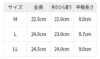 シモン 牛床革手袋 107AP (親指付根/床革当て付き)の寸法表