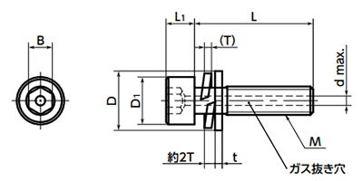 ステンレス SUSXM7 エアー抜き六角穴付きボルト 座金組込み(平座+ばね座) SVSQS(NBK製)の寸法図