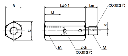 ステンレス SUS304 エアー抜き 六角支柱SHVAS (片側おねじ・片側めねじ)(NBK製)の寸法図