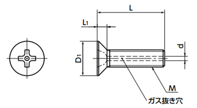 チタン (TW270 1種) エアー抜き (+)皿頭小ねじ (真空用ボルト)(SVFT)(NBK製)の寸法図