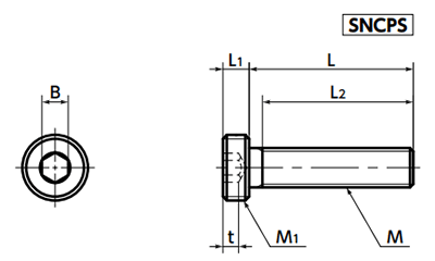 ステンレス SUSXM7 カバーキャップ専用ボルト(外ねじ付) SNCPSの寸法図