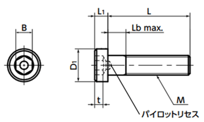 鋼8.8 六角穴付き低頭ボルト(キャップスクリュー)(パイロットリセスつき) SLPの寸法図