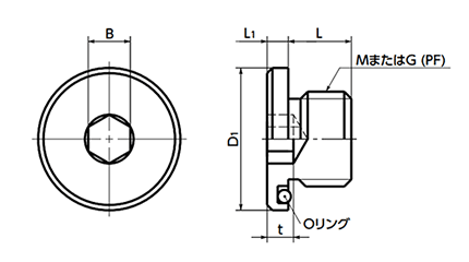 鋼 フランジ付き六角穴付きスクリュープラグ (Oリング付/ニトリルゴム)(細目)(SFM)(NBK製)の寸法図