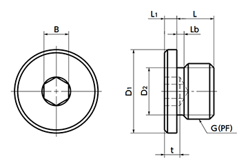 鋼 フランジ付き六角穴付きスクリュープラグ (管用平行ねじ/G/PF)(SFF)(NBK製)の寸法図