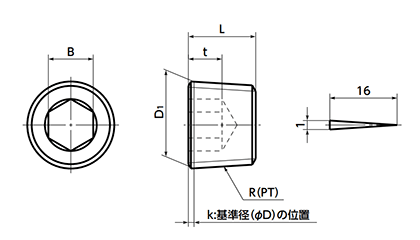 鉄(S45C) 配管用六角穴付きテーパスクリュープラグ(沈み)(SFT/小袋入り)(NBK製)の寸法図