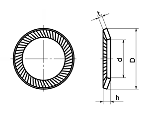 ステンレス リブドロックワッシャー(緩み止め用)(SWRS/小袋入り)(NBK製)の寸法図