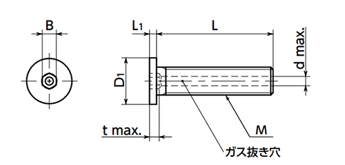 チタン (TW340 2種) エアー抜き 六角穴付き極低頭ボルト(SVSHT)(1本入)(NBK製)の寸法図