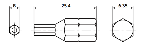 六角穴付きいたずら防止ねじ(ピンつき)用ビット(SRHB)(NBK製)の寸法図