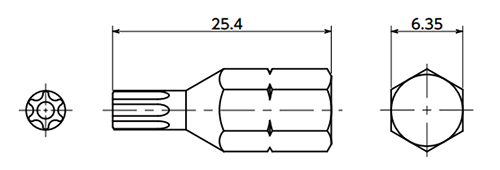 ヘクサロビュラ穴付きいたずら防止ねじ(ピンつき)用ビット(SRXB)(NBK製)の寸法図