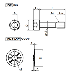 ステンレス SUSXM7(A2-70)六角穴付き脱落防止ねじ・脱落防止ワッシャセット(SSC-SET)(10本入)の寸法図
