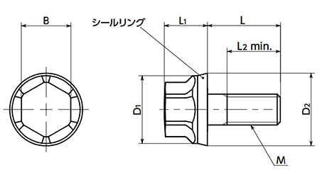 ステンレス SUS316L フランジ付き低頭六角ボルト(NBRシールリング付)(SFHL-LH-HD)(NBK製)の寸法図
