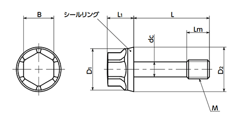 ステンレス SUS316L フランジ付き低頭六角ボルト(脱落防止)(NBRシール付)(SFHL-LH-SC-HD-H)(NBK製)の寸法図