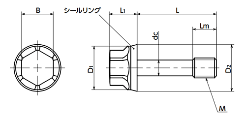 ステンレス SUS316L フランジ付き低頭六角ボルト(研磨/脱落防止)(NBRシール付)(SFHL-LH-SC-HD-H)(NBK製)の寸法図