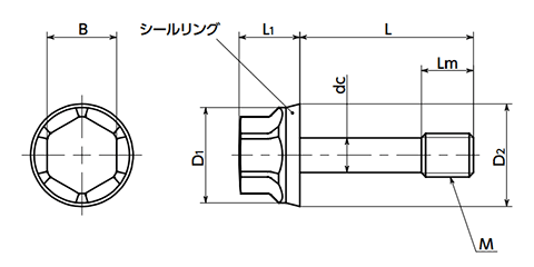 ステンレス SUS316L フランジ付き低頭六角ボルト(研磨/脱落防止(EPDMシール(SFHL-LH-SC-HP-HD-E(NBK製)の寸法図