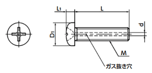 ステンレス SUSXM7 エアー抜き (+)なべ頭小ねじ (真空用ボルト)(SVPS-VA/ばら単位)(NBK製)の寸法図