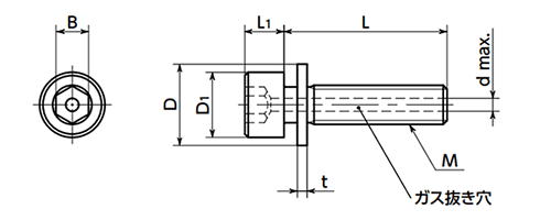 ステンレス SUSXM7 エアー抜き 六角穴付きボルトI＝1 (ISO 平座組込)(SVSI1S-VA/ばら単位)(NBK製)の寸法図