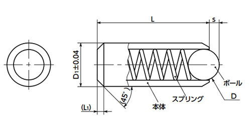 NBK ステンレス SUS303 ボールプランジャ (挿入タイプ)(ボール：SUS420C) 軽荷重 (PPSS)の寸法図