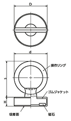 ホルダ付マグネット ゴムジャケット (操作リング付)(ネオジム Niメッキ)(T字型/丸平形ホルダ付) JRR-NDの寸法図