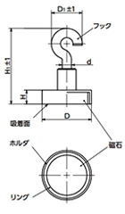 鉄 ホルダ付マグネット(フック付/丸平板形ホルダ)(ハードフェライト) JDH-HF-Aの寸法図