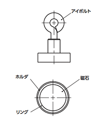 鉄 ホルダ付マグネット(アイボルト付/丸平板形ホルダ)(ハードフェライト) JDH-HF-Bの寸法図