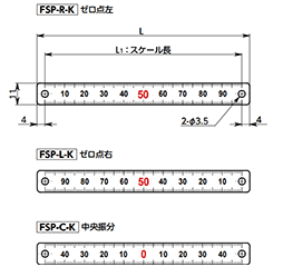 SUS304スケールプレート (横型/両端穴付)(ゼロ地点・中央振分け)(FSP-C-K/シルバー色)(NBK製)の寸法図